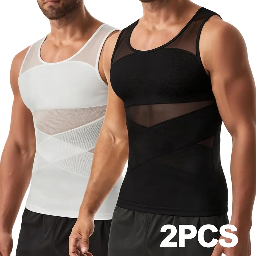 Men's 2-Pack Seamless Compression Tank Top, Tummy Control Body Shaper for Fitted Shaping and Gynecomastia Support, Control Shapewear