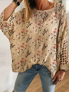 Women's Floral Leaf Print Knit Sweater, Casual Chic Knitwear, Casual Elegant Vacation Style, Loose Fit Batwing Shoulder Design, Spring Summer Fall Fashion