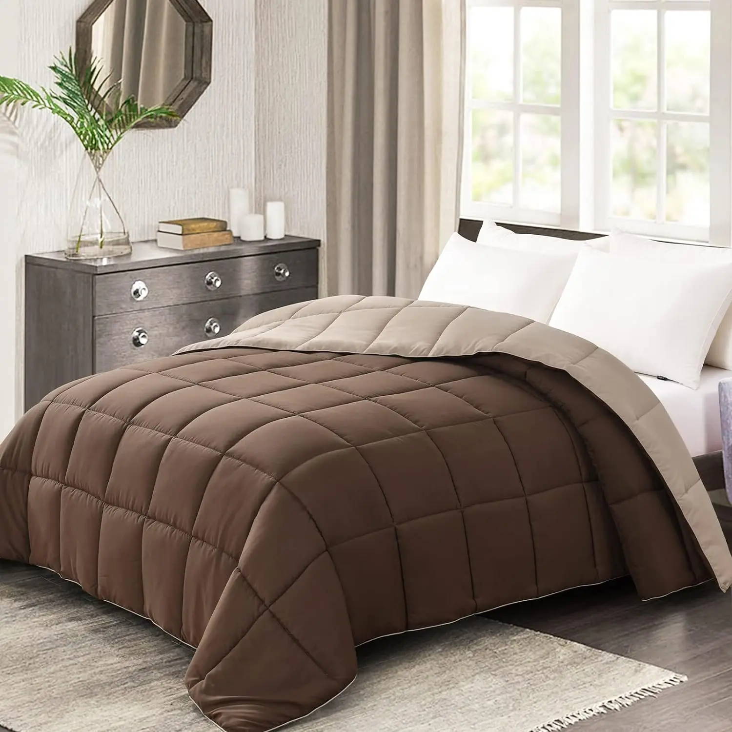 Queen Size & California King/Full Queen Down Alternative Duvet Insert - Reversible Quilted Grid, Breathable Lightweight Chocolate Brown/Beige Bedding, Dryable, Ideal for Father's Day, Back to School Gifting