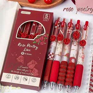 5-Pack Rose Poetry Line Retractable Ballpoint Pens, Glitter Ballpoint Pen, Mixed Color Plastic, College Ruled, Smooth Writing, No Feather, Ideal Valentine'S Day Gift, Office Supplies