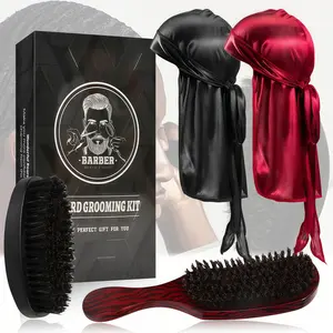 Men Women 360 Waves Brush for Hair Care Kit- Silky Shine & Training, Wooden Curved Brush, Durag Cap Set, Du-rag Extra Long Tails, Salon Styling Brush
