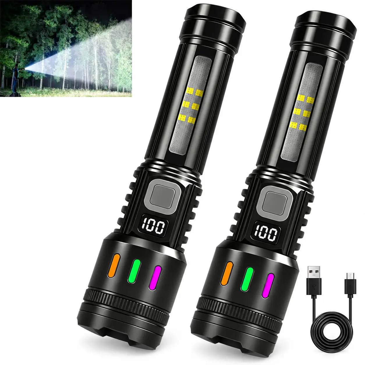 2/4-Pack Portable Rechargeable LED Flashlights Torch Black,Tactical LED Flashlight - Ultra Bright Rechargeable, 5 Modes, Zoomable Portable Working Lights for Camping, Hiking/Light Outdoor Emergency Use, Ideal Men's Gift, Functional Tool