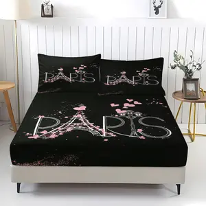 Paris Eiffel Tower Fitted Sheet Set (3-Piece, 1 Fitted Sheet + 2 Pillowcases), Romantic Design, Soft Bedding, Perfect for Parisian Style Decor & Romantic Gifts, Ideal Gift for Travel & City Lovers