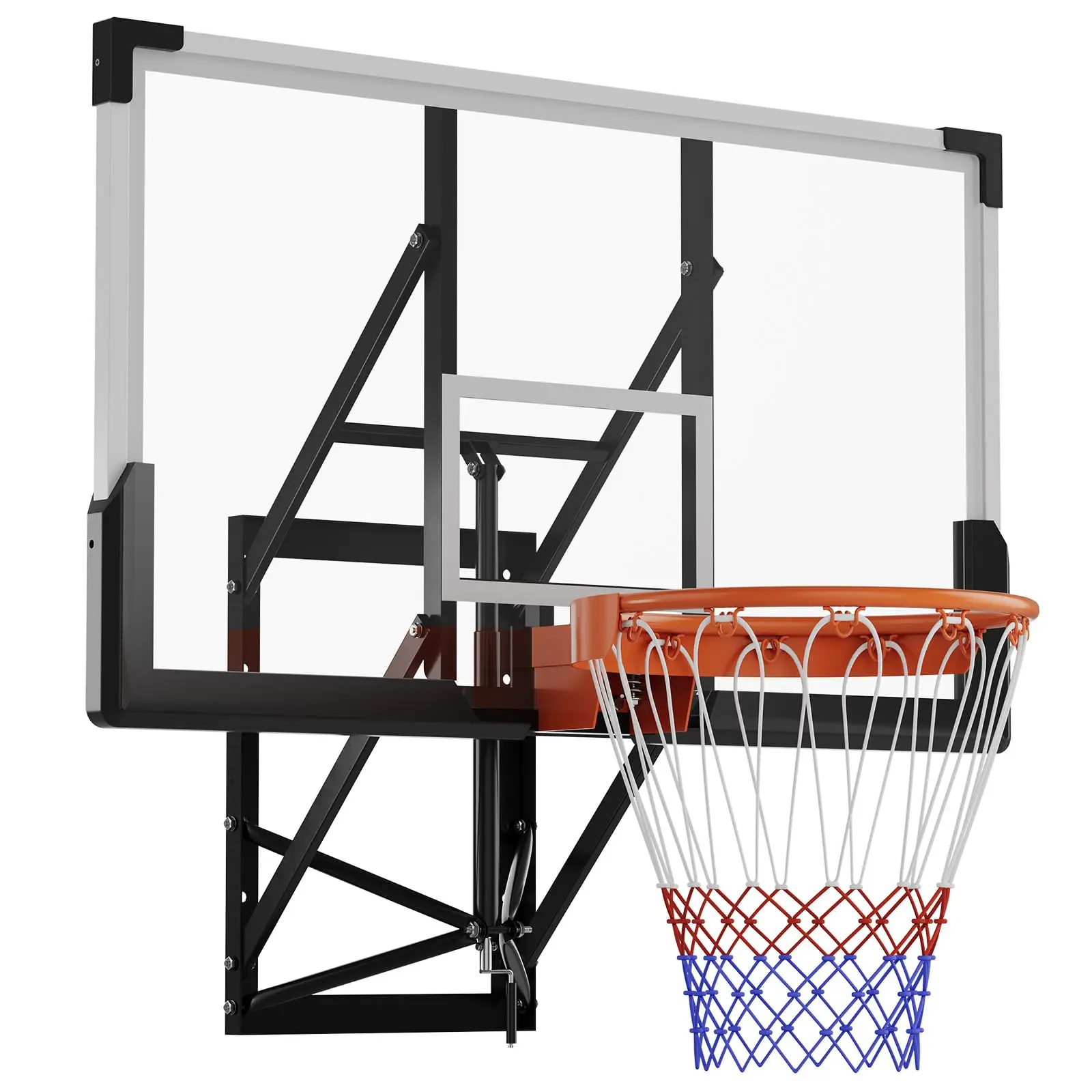 Slim Wall-Mounted Adjustable Basketball Goal, 54" Shattersafe Poly Backboard, 8-10 FT Height, 18" Steel Rim, Hand Crank, Heavy-Duty, Fits Tight Spaces, for Indoor/Outdoor Home Garage Gym