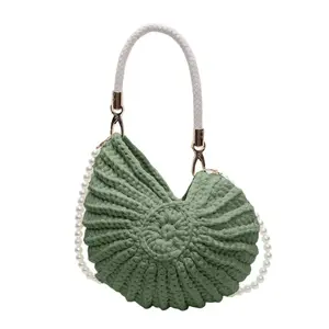 Conch Shell Knit Crochet Crossbody Shoulder Bag,Pearl Chain Handmade Woven Women Sling Bag,Elegant Delicate Cute Compact Purse NONE