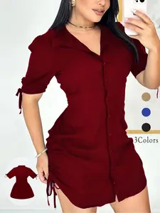 Women's Solid Color Shirt Collar Button Front Dress, Casual Short Sleeve Curved Hem Dress for Daily Wear, Ladies Clothes for Spring & Fall, Womenswear, Summer, Chic