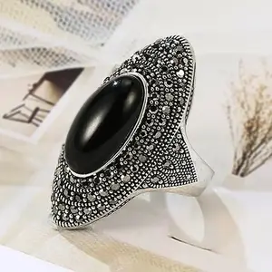 Vintage Black Onyx Statement Ring for Women, Retro Antique Silver Cocktail Ring with Marcasite Crystal Detail, Gothic Fashion Jewelry for Parties, Date Nights, Y2K Outfits & Everyday Style summerwins