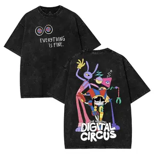 The Amazing Digital Circus Washed Cotton Shirt, TADC Graphic Tee with Cartoon Double Print Design, Soft Vintage Washed Tee in Comfortable Cotton Fabric, Stylish Top Collar Menswear T-Shirt