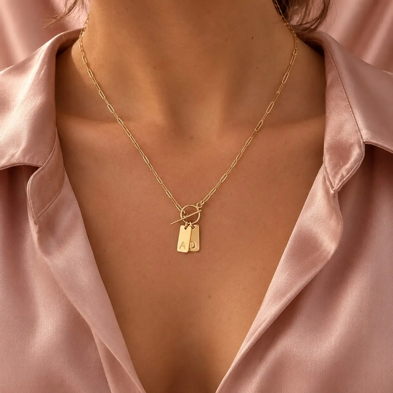 [Made-to-Order] Gold Tag Necklace with front Toggle Closure, Personalized gift, Custom jewelry gift, toggle necklace, Initial necklace, gift for her