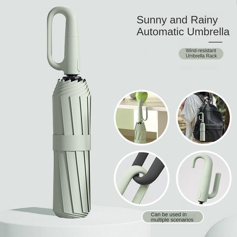 Green Foldable Rainproof Automatic Umbrella, 1 Count Compact Ring Buckle Windproof Reinforced Umbrella, Durable Innovative Sun-Protection Folding Umbrella for Women, Pocket Umbrella, Wind-Resistant Umbrella, UV Umbrella, Suitable for Rainy Days Outdoors