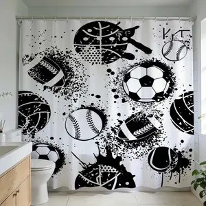 1 Pc Modern Sports Style Bathroom Makeover with Dynamic Black and White Shower Curtain Featuring Iconic Sports Equipment Design Perfect for Refreshing Bathroom Design Ideas and Creative Sporty Themes for an Energetic Atmosphere in Home Decoration Projects
