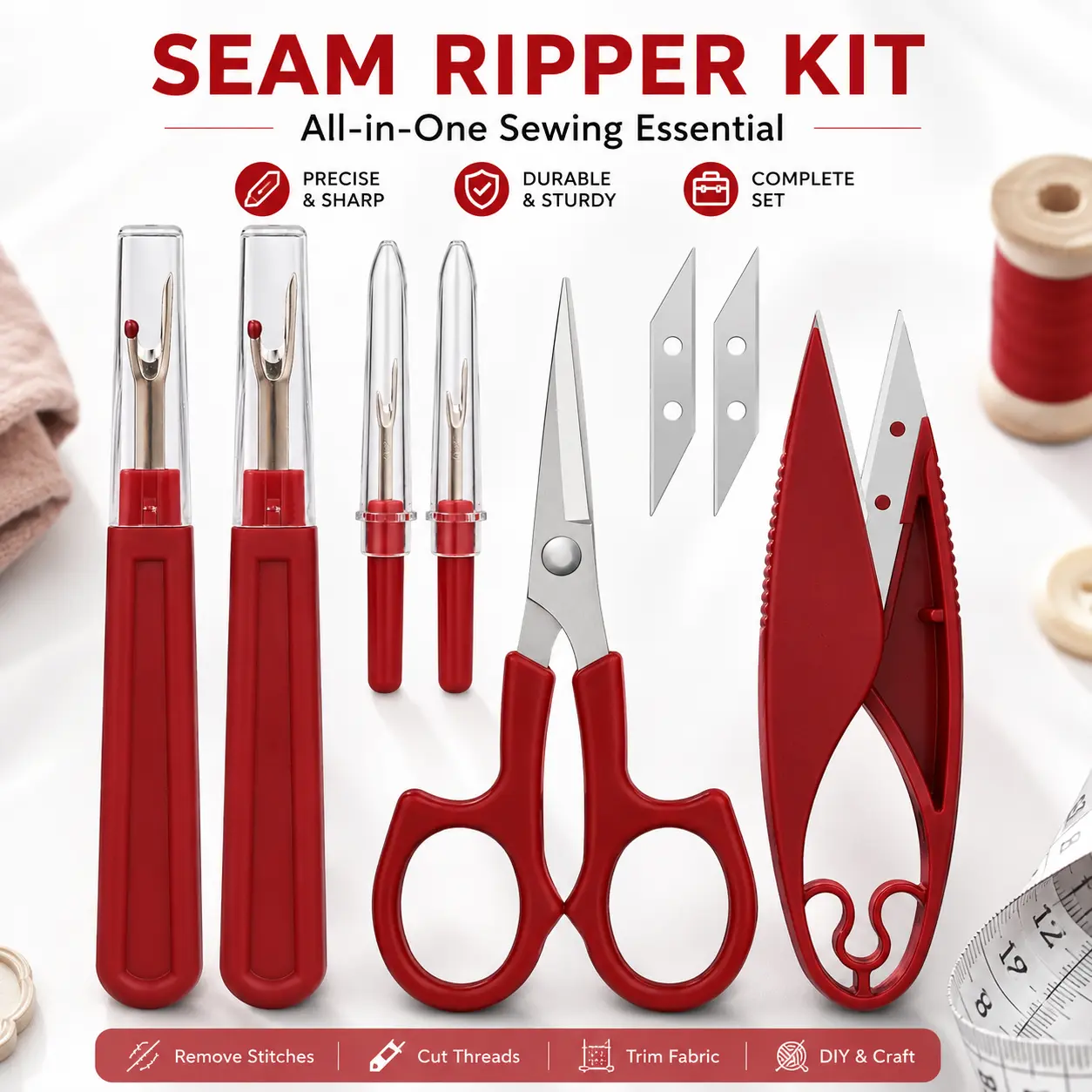 Sewing Tools Kit with Seam Ripper, Stitch Remover & Thread Cutter, 2 Large + 2 Small Seam Rippers, Thread Snips and 5-Inch Scissors for Clothing Repair, Sewing Projects & DIY