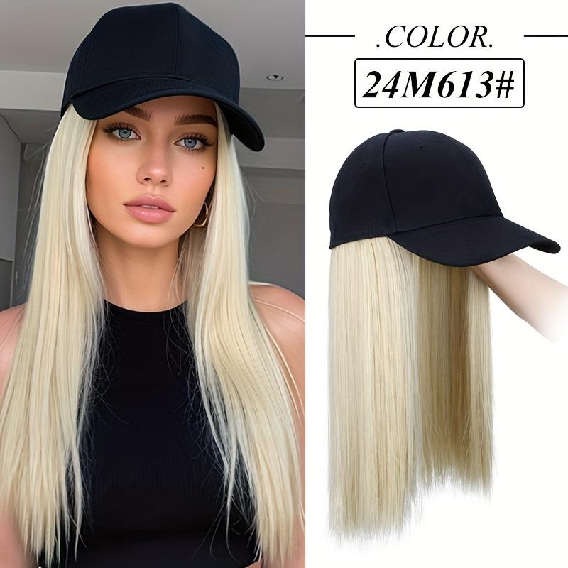 Women's synthetic hat wig, long straight black hair, baseball cap with hair attachment, stylish and convenient all-in-one design.