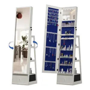 Swivel LED Jewelry Armoire Cabinet - Lockable, Adjustable 360° Rotating Standing Jewelry Armoire with Frameless Full-Length Mirror, Interior Mirror, 1-Drawer and 3-Storage Shelves Gift Idea Decor
