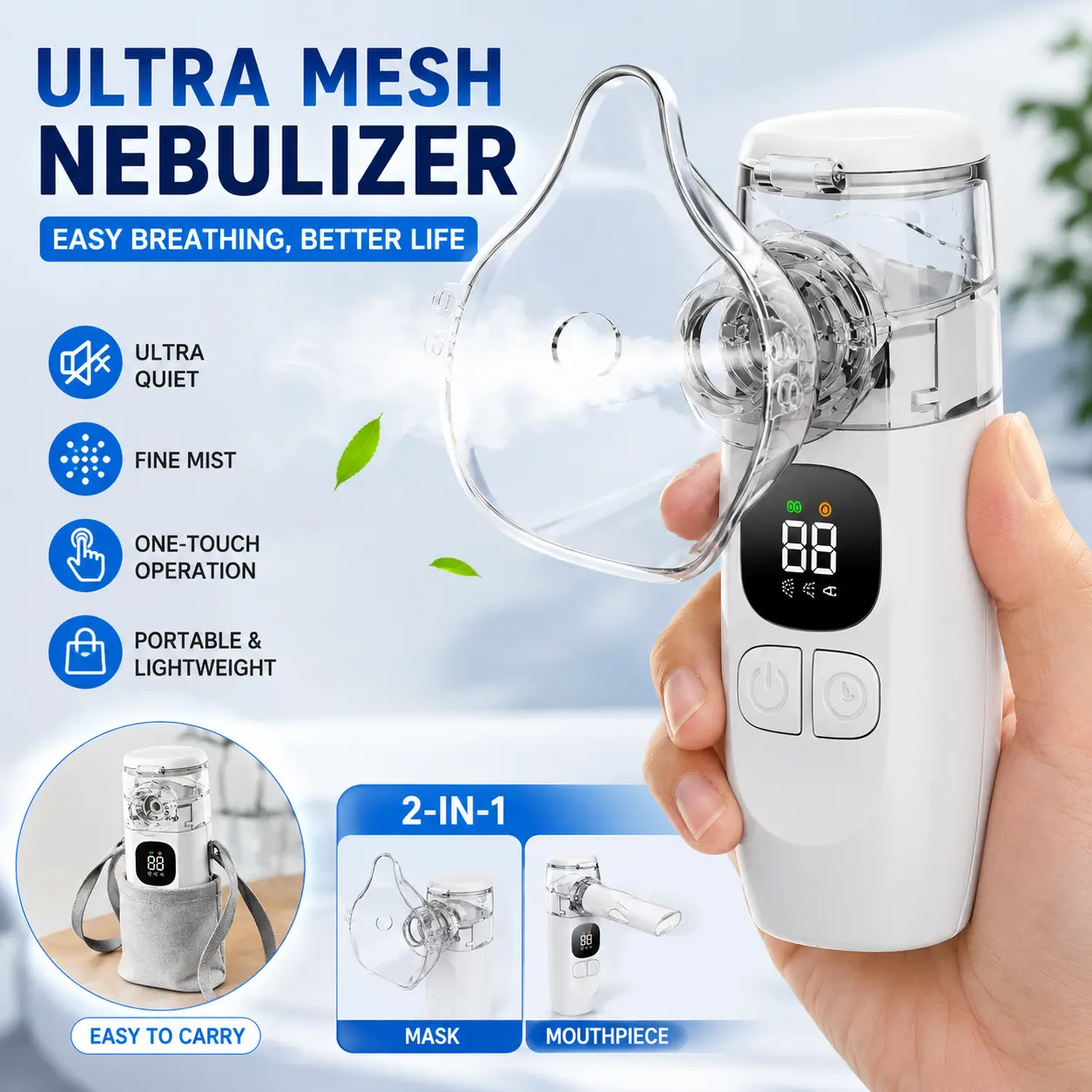 Portable Nebulizer, Rechargeable USB-C Handheld Mesh Nebulizer with Digital Display. Suitable for Chronic Obstructive Pulmonary (COPD), Asthma, and Bronchitis; Ideal for Home and Travel Use