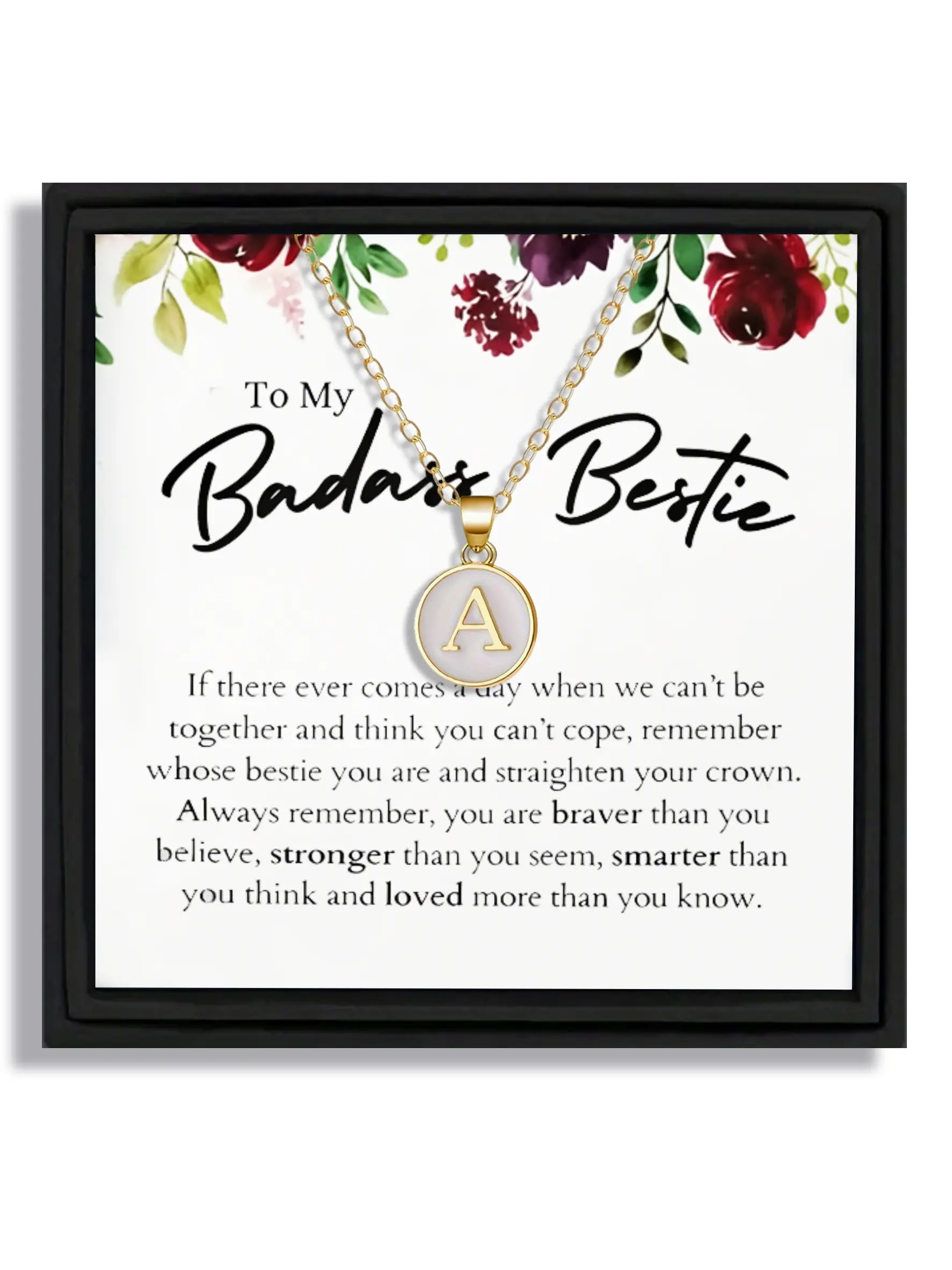 To My Badass Bestie O-Chain 26 Letters A-Z Pendant Friendship Necklace Fashion Minimalist Style | With ‘You’re Braver Than You Believe’ BFF Support Message Card & Gift Box | Perfect Christmas/Birthday/Party/Anniversary Gift Birthday Gift Jewelry