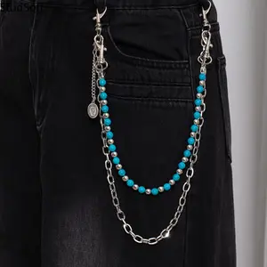 Unisex Punk/Hip-Hop Cargo Pant Accessory: Double-Layer Detachable Jean Chain & Beaded Waist Ornament (Colorful/Black-Striped)