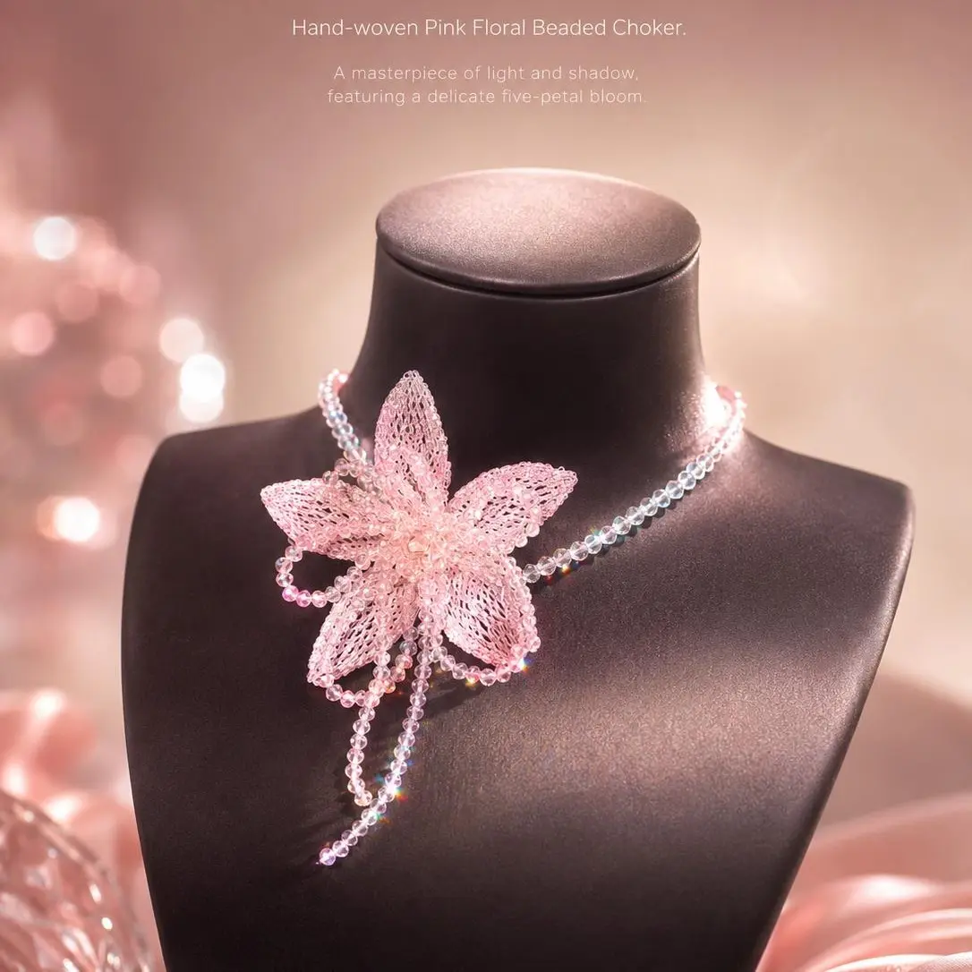Women's Seed Beaded Tassel Choker Necklace - Layered Translucent Full Bloom Pendant, Extensible Chain, Contoured Fit, Lightweight, Casual Day-to-Night Costume Jewelry, 6g, Meaningful Anniversary/Birthday Gifts, Bloom Pink Aesthetic Design, Seed Beads, Mea