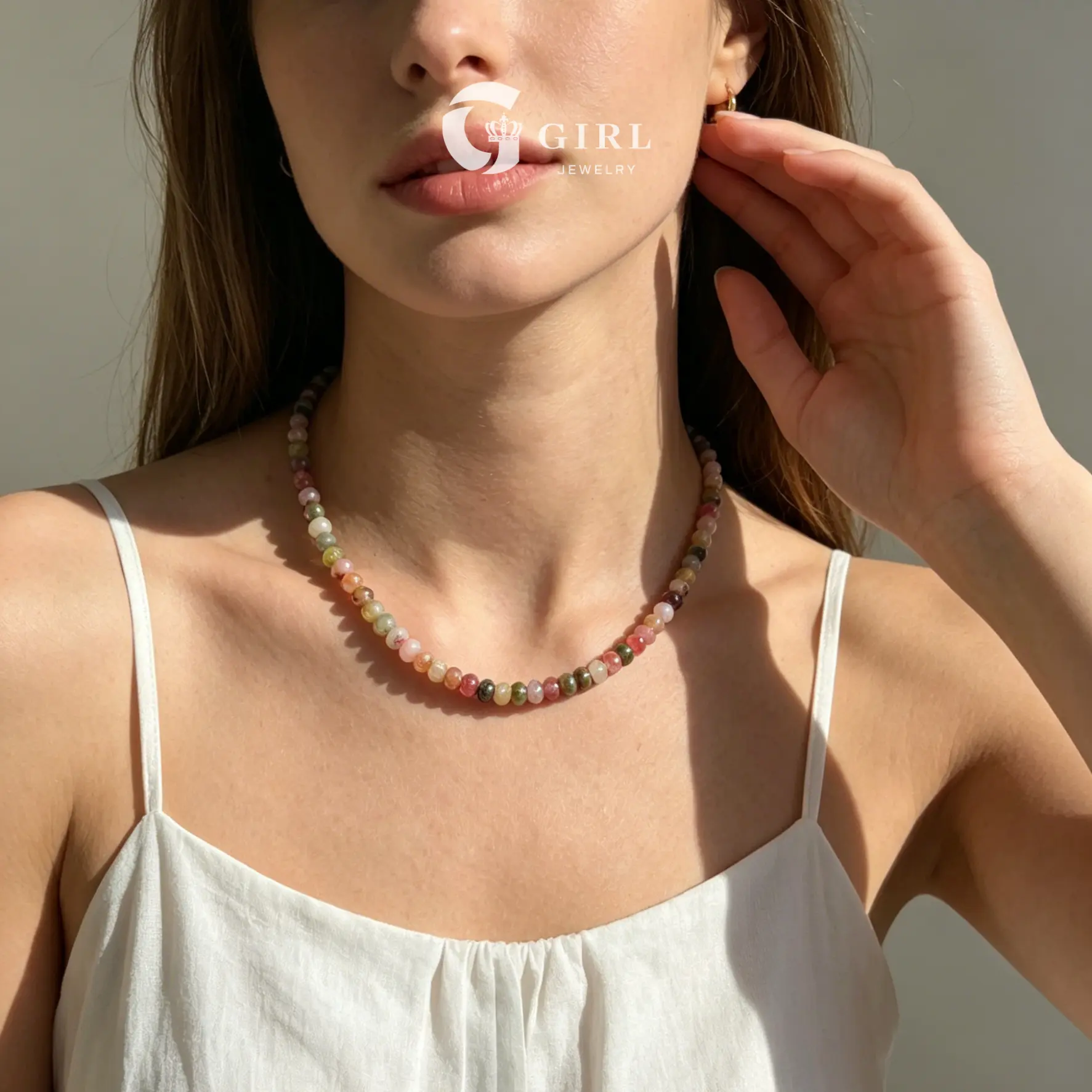 GGIRL Bohemian Colored Rhinestone Flat Bead Necklace - Female Casual Adjustable Beaded Design, Dainty Layering Jewelry with Extension Chain for Tropical Beach Vacation Summer Outfit Gift, Colored Necklaces