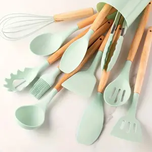 Heat Resistant Silicone Cooking Utensil Set with Wooden Handles - 12pcs Kitchen Accessories