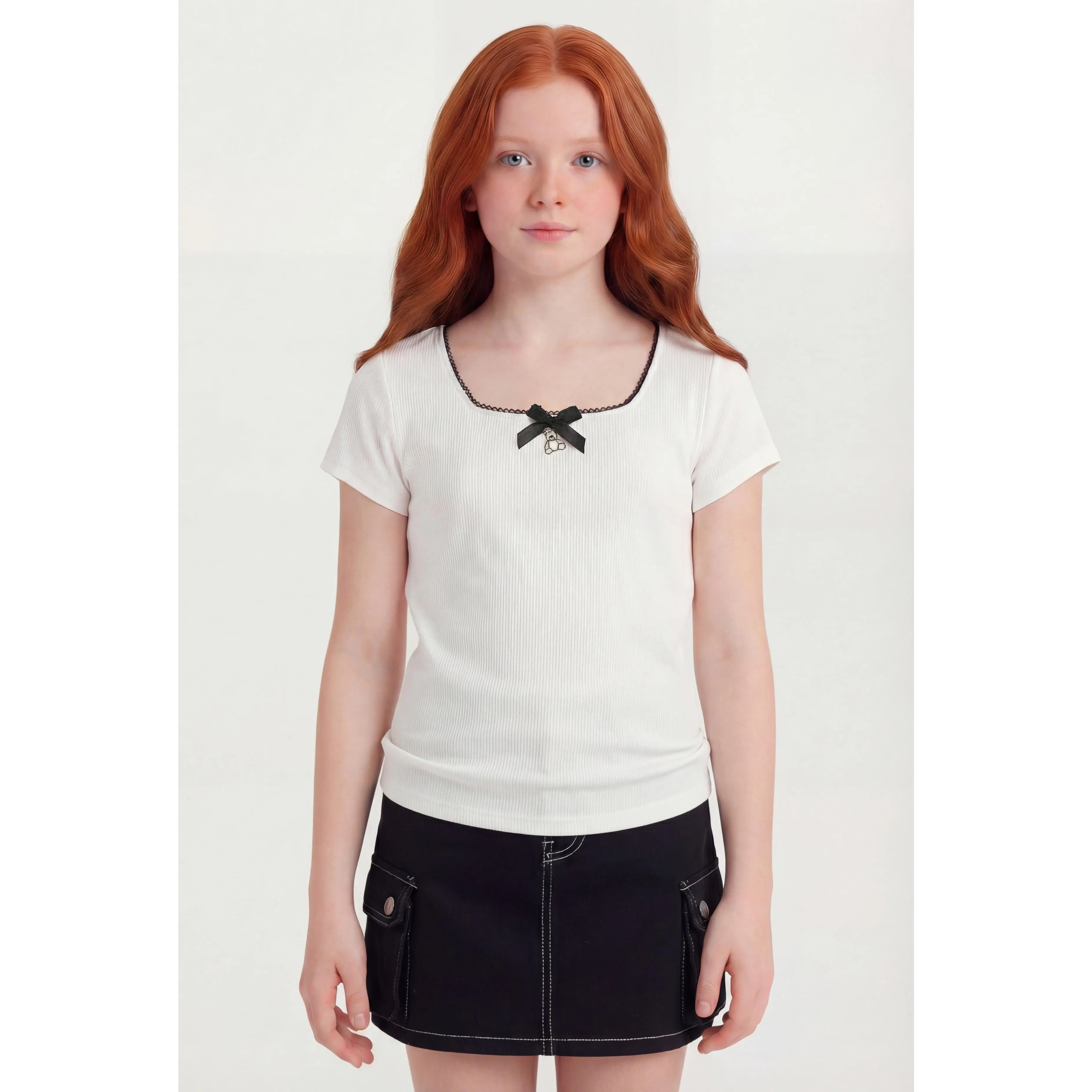 Girls Rib Knit Bow Charm Short Sleeve Square Neck Top