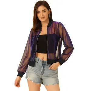Sheer Mesh Glitter Shiny See Through Zip Up Jacket