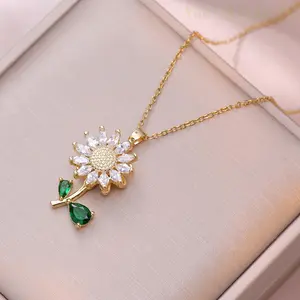 Trending 3-Piece Green Leaf Rotating Sunflower Zircon Necklace Ring Bracelet on Clavicle Chain Valentine Gifts for Her