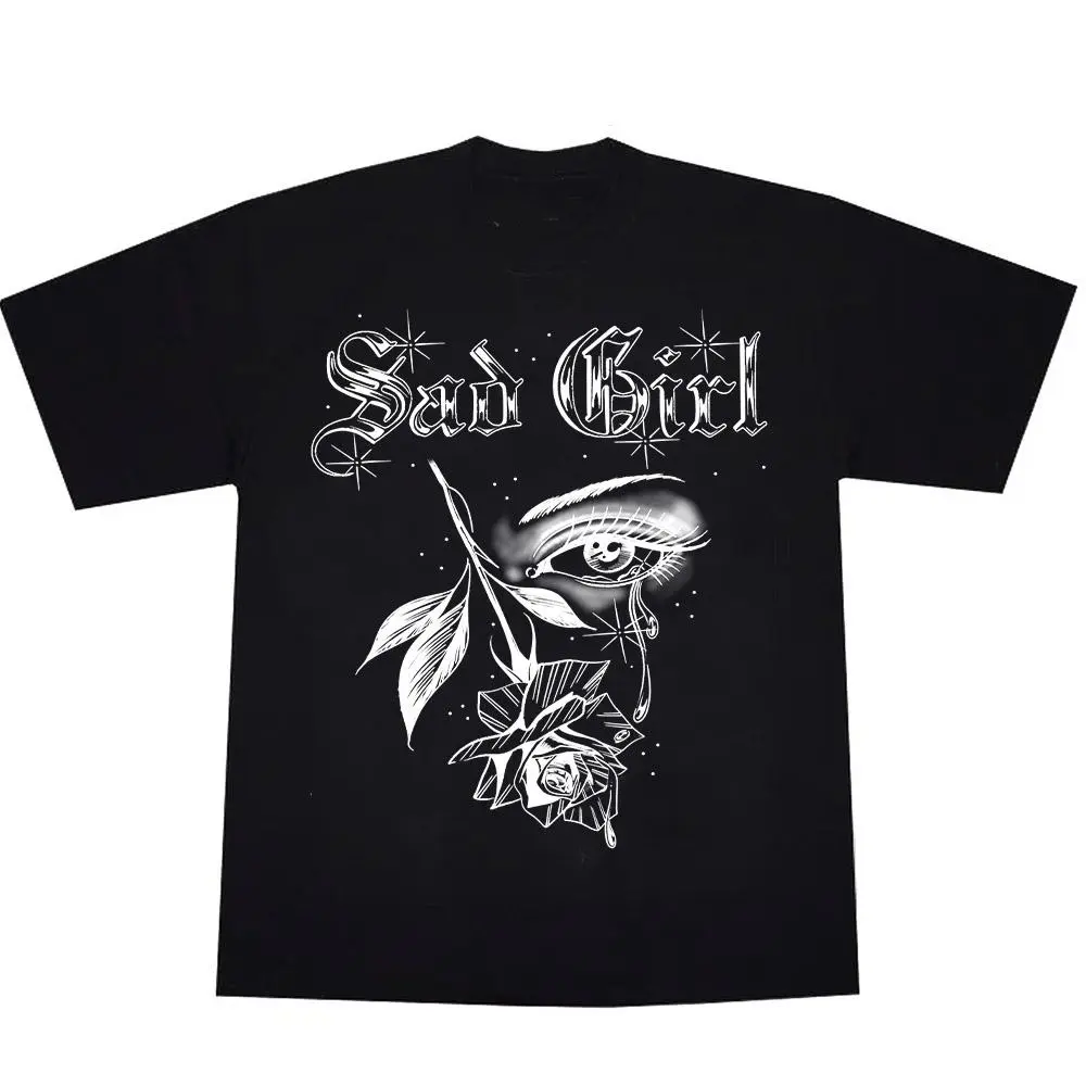 Men's Cotton T-Shirt, Chicano Style Sad Girl Tears Graphic Print, Short Sleeve Round Neck Top, Casual Streetwear Fashion S-5XL, Shortsleeve, Menswear, Tshirt