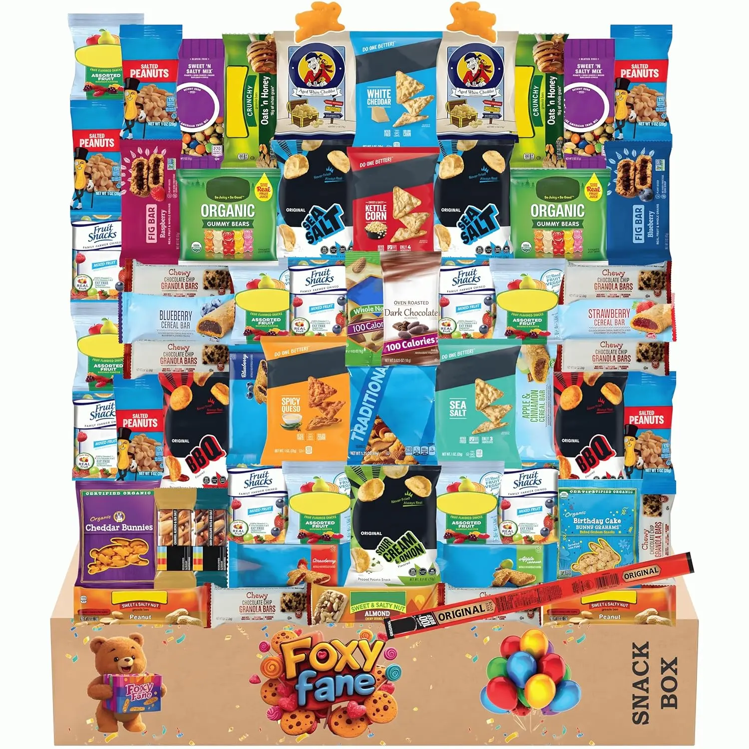 Foxy Fane 60-Count Holiday Gift Box - Assortment of 60 Healthy Snacks & Treats - Perfect Variety Pack for Back to School, Easter, Christmas & New Year’S - Great for Family, Friends, or Office Gifting