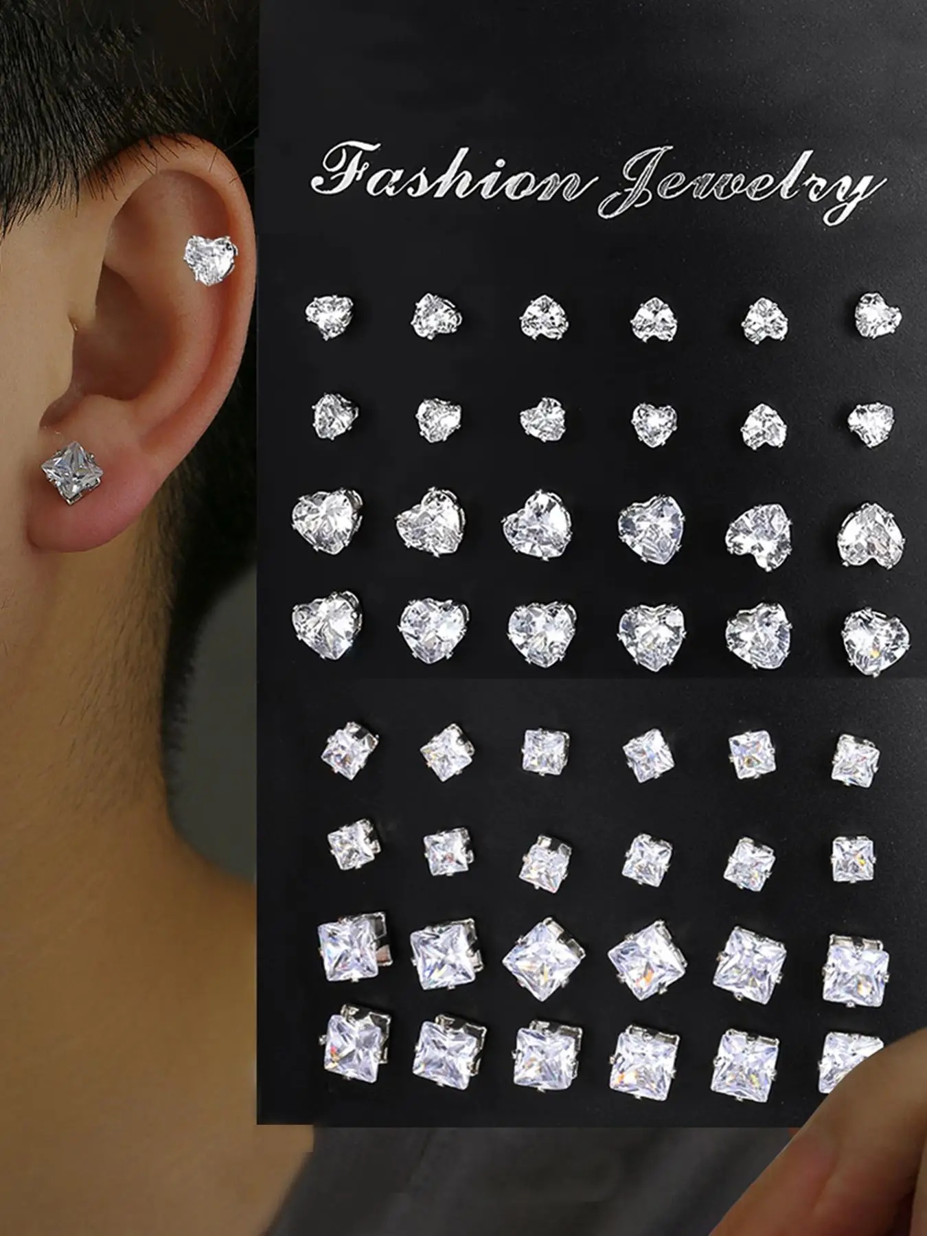 Fashion Mixed Size Rhinestone Decorated Bling Stud Earring, Diamond Stud Earrings, Gifts for Her, Casual Heart & Square Shaped Stud Earrings for Women