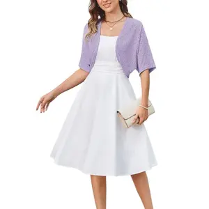 Women Vintage Hollowed-out Bolero 1/2 Sleeve Open Front Irregular Hem Shrug