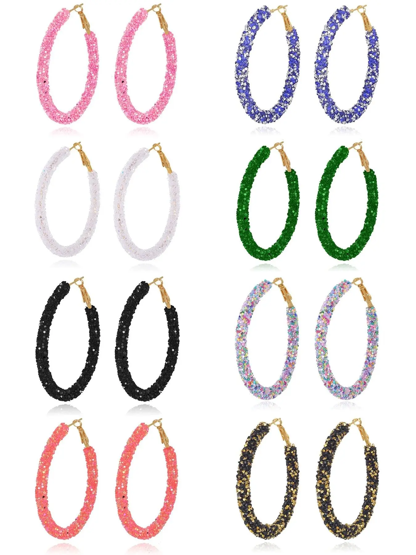8 Pairs Beaded Hoop Earrings Multicolor Shiny Glitter Sequins Hoops Boho Wrapped Gold Circle Rhinestone Statement Drop Dangle Earring Jewelry Set For Women Sparkling Ear Jewelry 20G