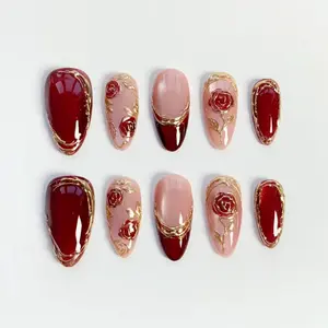 Burgundy Nails/Sparkle Press on nails long almond nails/Dark Red Cat Eye Nails/Red Rose Nails/3D Gold Chrome Nails/Bling Nails/Custom Nails WWR8OU