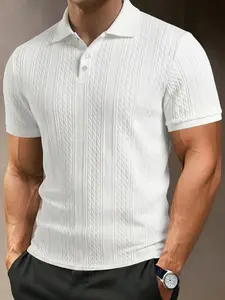 Men's Summer Textured Button-Front Polo Shirt, Loose Casual Style for Daily Commute, Travel, Vacation, Urban Mature Look, British Gentleman Style