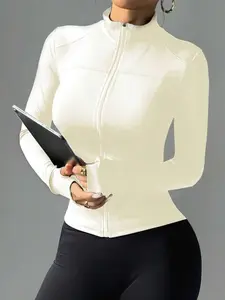 Core Rhythm Slim Fit Workout Athletic Sports Running Jacket With Zipper, Stretchy Bodycon Casual Long Sleeve Yoga Tops