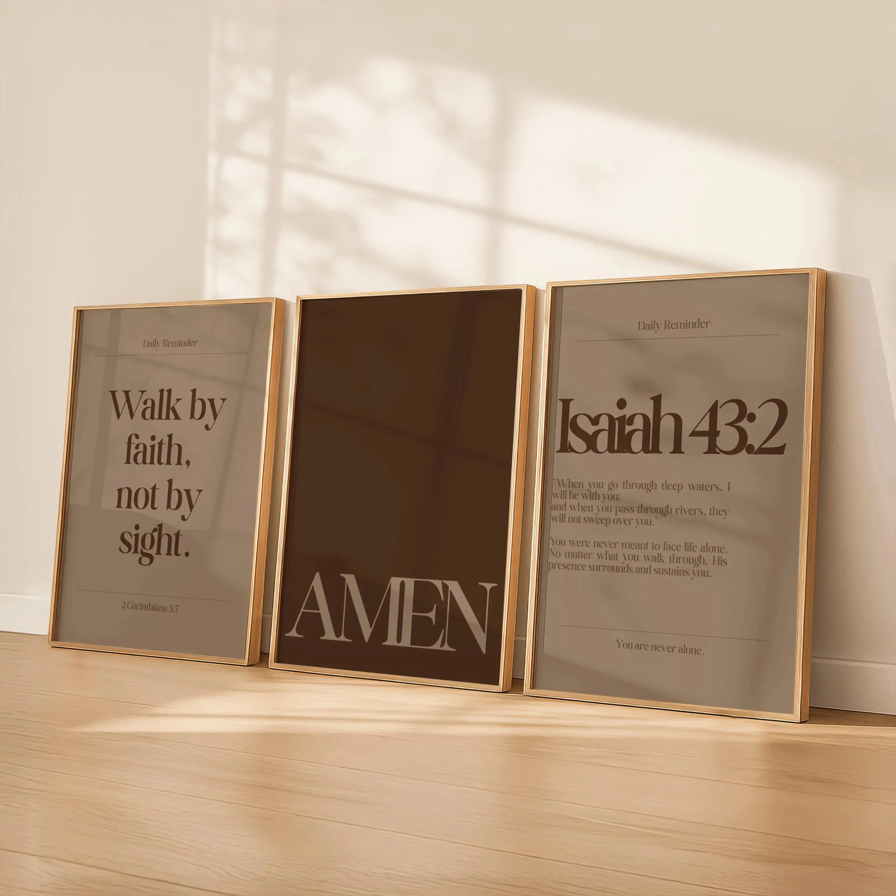 Modern Christian Poster Unfframed  Set of 3 | Daily Reminder Scripture Prints | Neutral Faith Bible Verse Decor | Isaiah 43:2, Walk by Faith, Amen