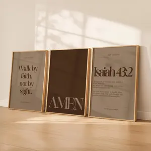 Modern Christian Poster Unfframed  Set of 3 | Daily Reminder Scripture Prints | Neutral Faith Bible Verse Decor | Isaiah 43:2, Walk by Faith, Amen