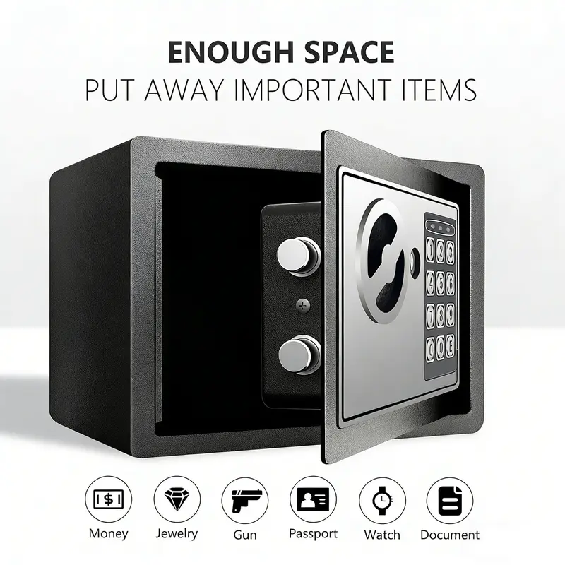1pc Durable & Sturdy Compact Space-Saving Safe Digital Security Lock Box for Home Office, with Digital Keypad, Keys, Passcode, Quick Lock, Built-In Sensor Light, Cash Bag (Black & Silver, Dual Access)