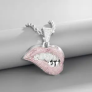 European & American Accessories New Sexy Lip Biting Hip-Hop Pendant Necklace with Pink Zirconium Micro Inlay Fashionable Alloy Chain for Men & Women