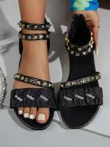 Fashion Roman Sandals, New Pleated Rhinestone Rivet Back Zipper, Lightweight Elegance, Comfortable Slip-On, Daily Wear Shoes