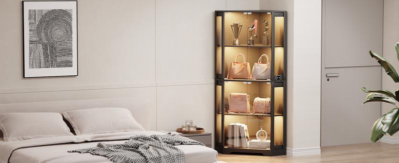 MIIFUNY Corner Display Cabinet with Glass Doors, 65" Lighted Curio Cabinet with 3 Color Lights for Collectibles, Toys, 4-Tier Showcase Display Case with Human Body Sensor for Living Room, Black