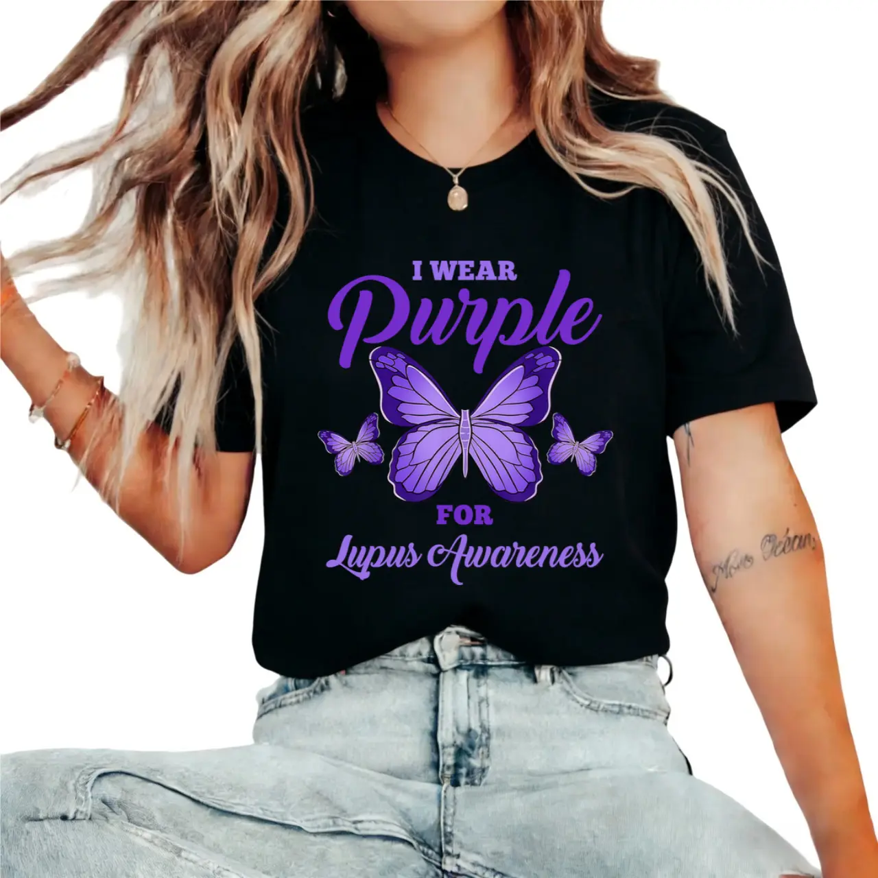 I Wear Purple For Lupus Awareness Butterfly Print T Shirt Black Casual Tee For Everyday Wear And Sports Activities