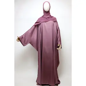 3 Piece Set Satin Open Bisht Abaya - Mauve