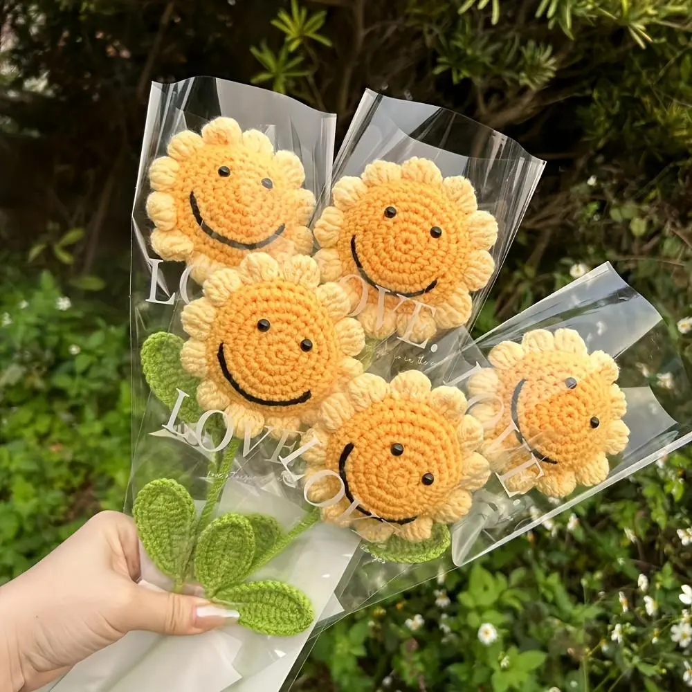 Handmade Crochet Sunflower Bouquet, 5 Counts/set Cute Smiling Face Sunflower Bouquet, Artificial Colorful Faux Flower for Home Decor, Tabletop Display, Seasonal Decorations, Vibrant Faux Flowers, Decorative Flowers