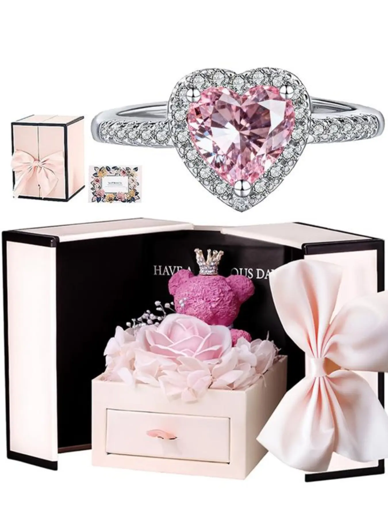 Mother's Day Gift Heart Diamond Ring in Teddy Bear & Rose Gift Box, Heart Shaped Ring, Beautiful Rings, Romantic Christmas Choice, Perfect Valentine's Day Gift, Adjustable Jewelry Gift