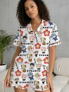 Kpop Tour Comeback Satin Pajamas Set, Idol Chibi Sleepwear, Button Up PJ Set, Cute Nightwear Gift for Kpop Fans