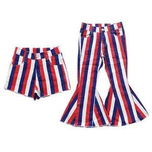 Girls' 4-5 Years Comfy Mid-Waist Red-Blue Striped Fitted Flare Denim Jeans - Patriotic Perfection 4th of July Little Star Kids' Bottoms