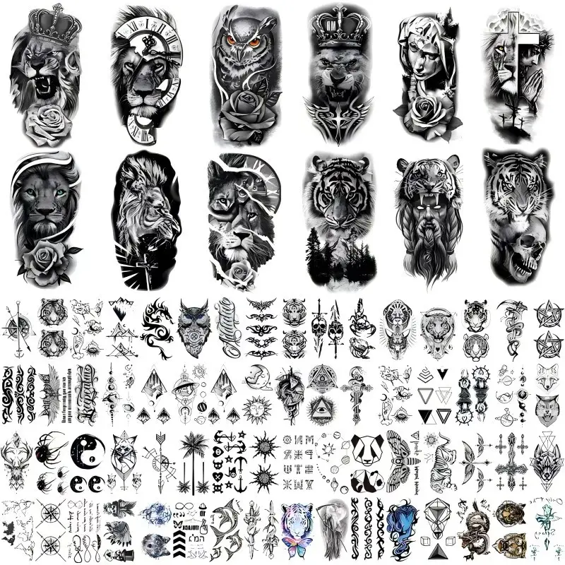 76 Sheets Black Temporary Tattoo Stickers for Men & Women, Long-Lasting Waterproof Body Art with Tribal Wolf, Tiger, Snake, and Skull Designs, Temporary Tattoos Stickers, Fake Tattoos