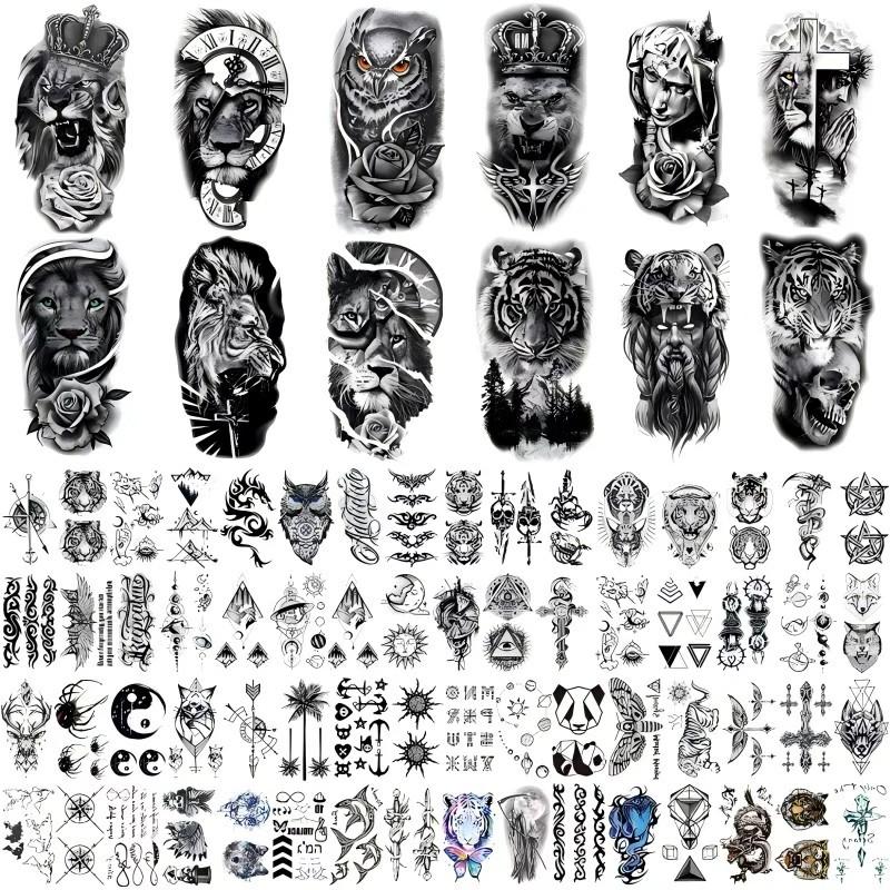 76 Sheets Large Black Temporary Tattoo Stickers - Tribal Wolves, Tigers, Lions, Snakes, Skulls, 12 Fake Tattoo Stickers for Men & Women Arm Designs