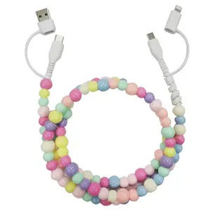 1M Handmade Beaded Charging Cable, 2 To 2 Colorful Pearl Data Charger Cord Universal Multi-device Charging Line